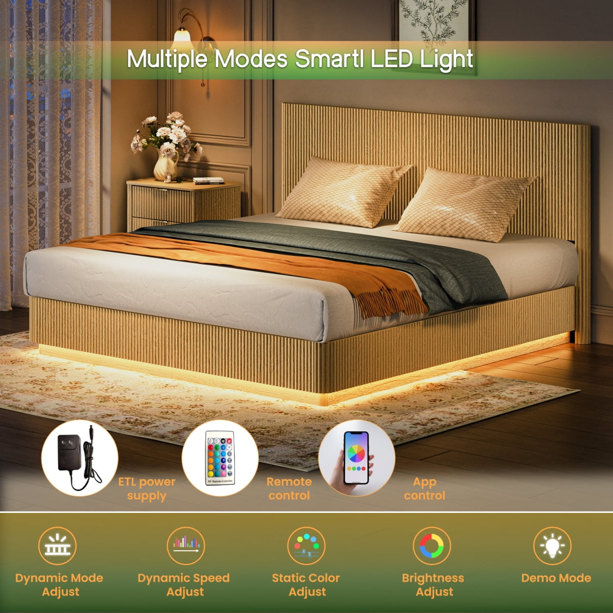 Luckynote Kind Size Bed Frame with LED Lights, Modern Wooden Corrugated Curved Lines, Convex Groove Board Design, Oak.