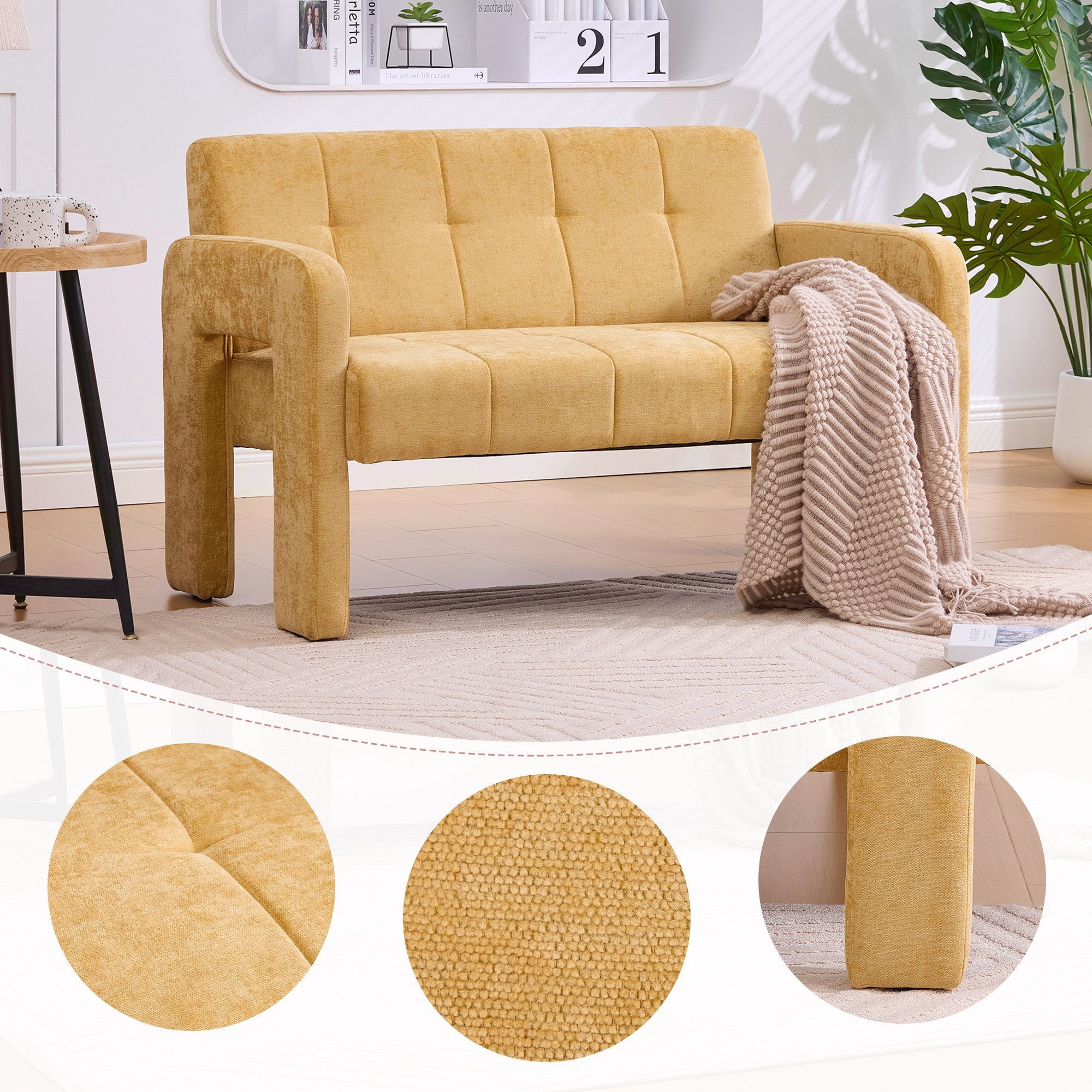 Sailvan Nordic Modern Chenille Loveseat,Compact 2-Seater Upholstered Sofa with Dual Armrests for Living Room,Bedroom,and Small Spaces Yellow