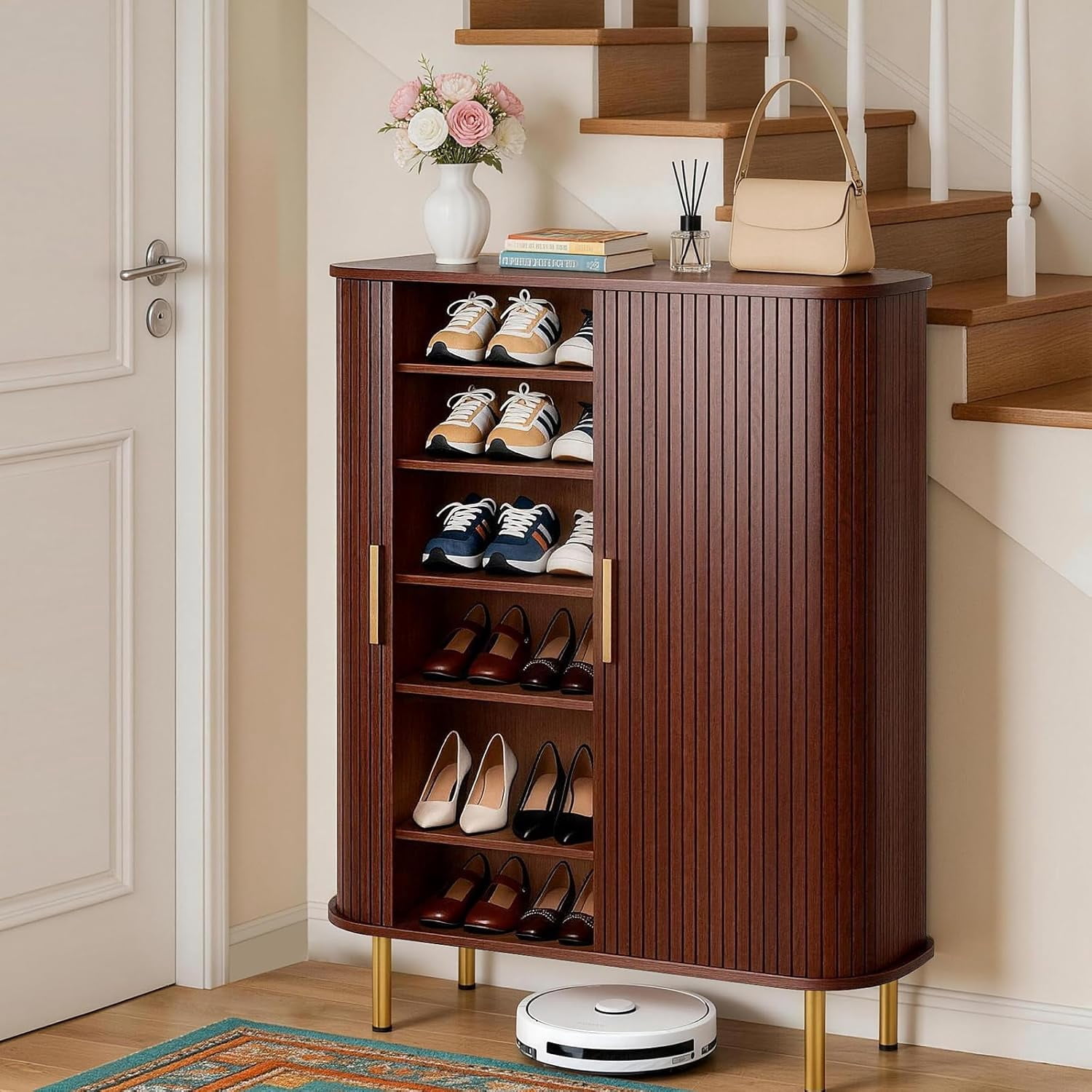avobird 31.5 " Modern Minimalist Freestanding Shoe Cabinet, Sliding-Door Shoe Cabinet with Six Adjustable Shelves for Entryway, Walnut
