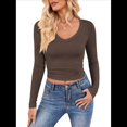 thumbnail image 2 of Camisas de Larga para Mujer, Moda de Otoño, Cuello en V, Básicas, Tops Cortos, Entallados, Y2K, Conjuntos, Ropa Café M, 2 of 10
