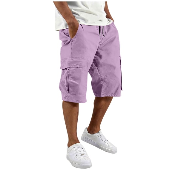 hlysgo Men's Cargo Shorts Elastic Waistband Drawstring Cotton Big & Tall Pants Summer Casual Relaxed Work Trousers Pockets Purple,M