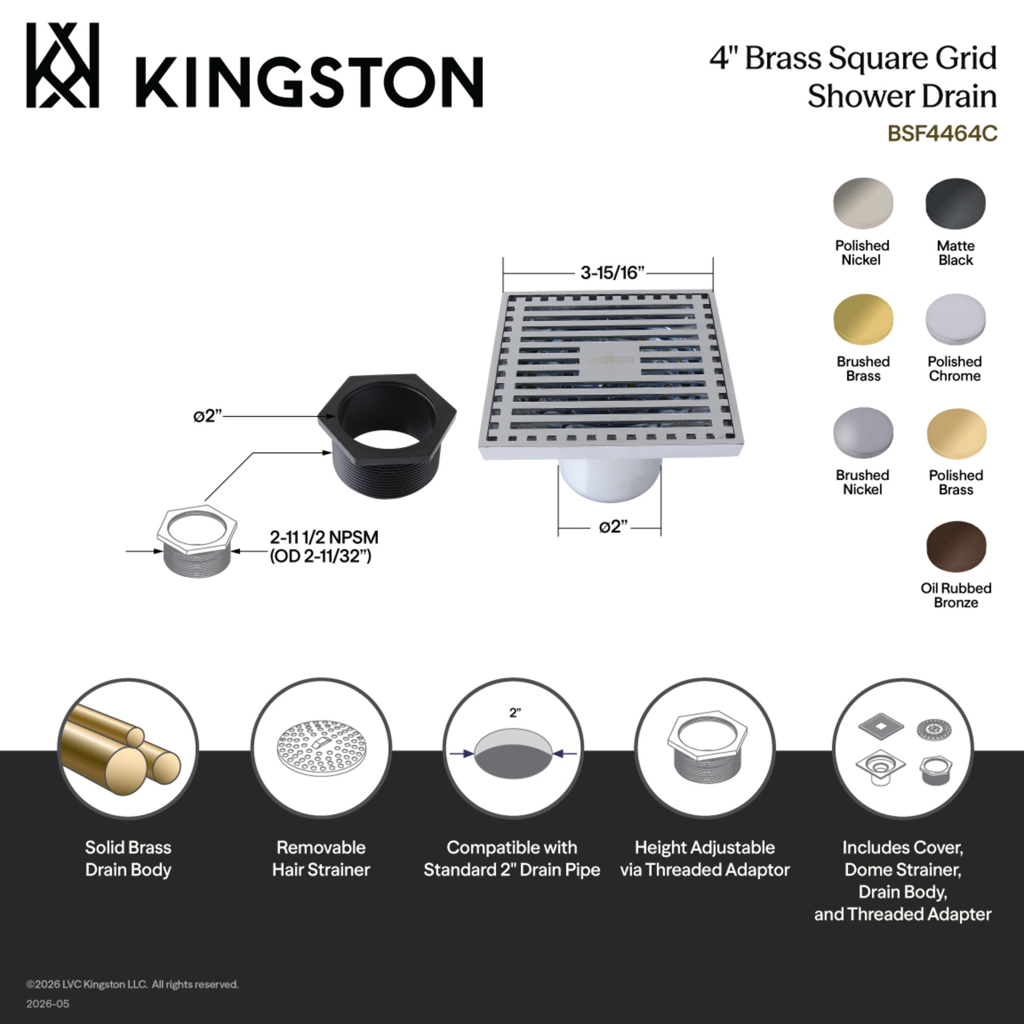 Kingston Brass BSF4464BN Watercourse 4-Inch Brass Square Grid Shower Drain with Hair Strainer in Brushed Nickel