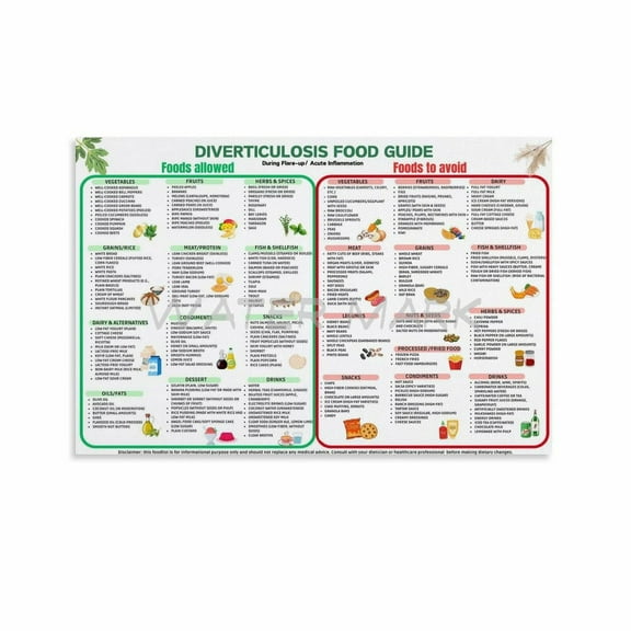 Diverticular Disease Diet Food Guide Poster, Digestion and Gut-Friendly Food List Metal Tin Sign Wall Art for Living Room Bedroom Decor 12x8 inches