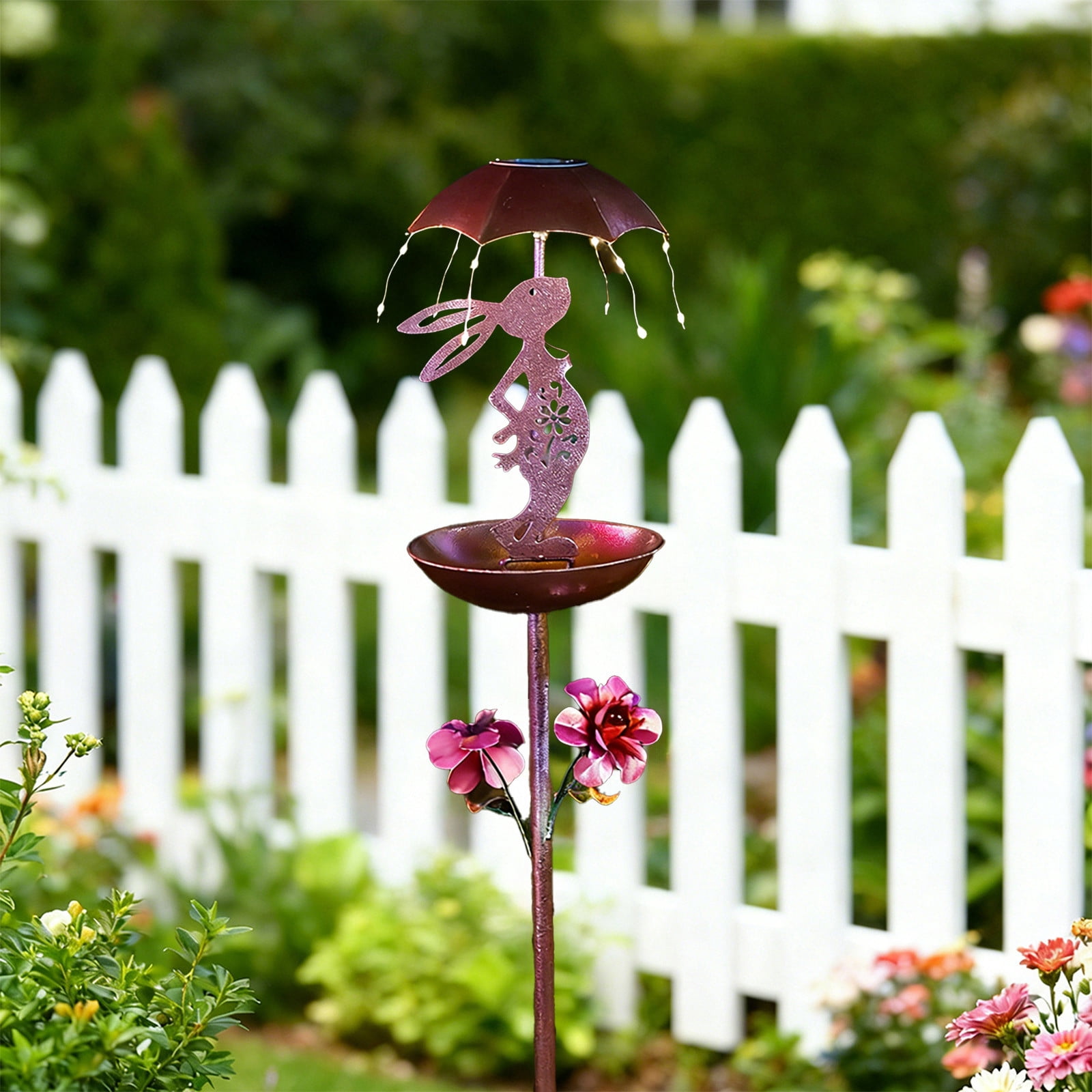 Solar Bird Feeder Iron Bunny Umbrella Stake with Solar Powered Light for Garden Yard Patio Outdoor Metal Ground Decor Easter Spring Wrought Iron