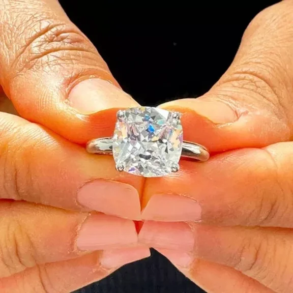 4 Ct Cushion Cut Moissanite Solitaire Engagement Ring 14K White Gold Plated