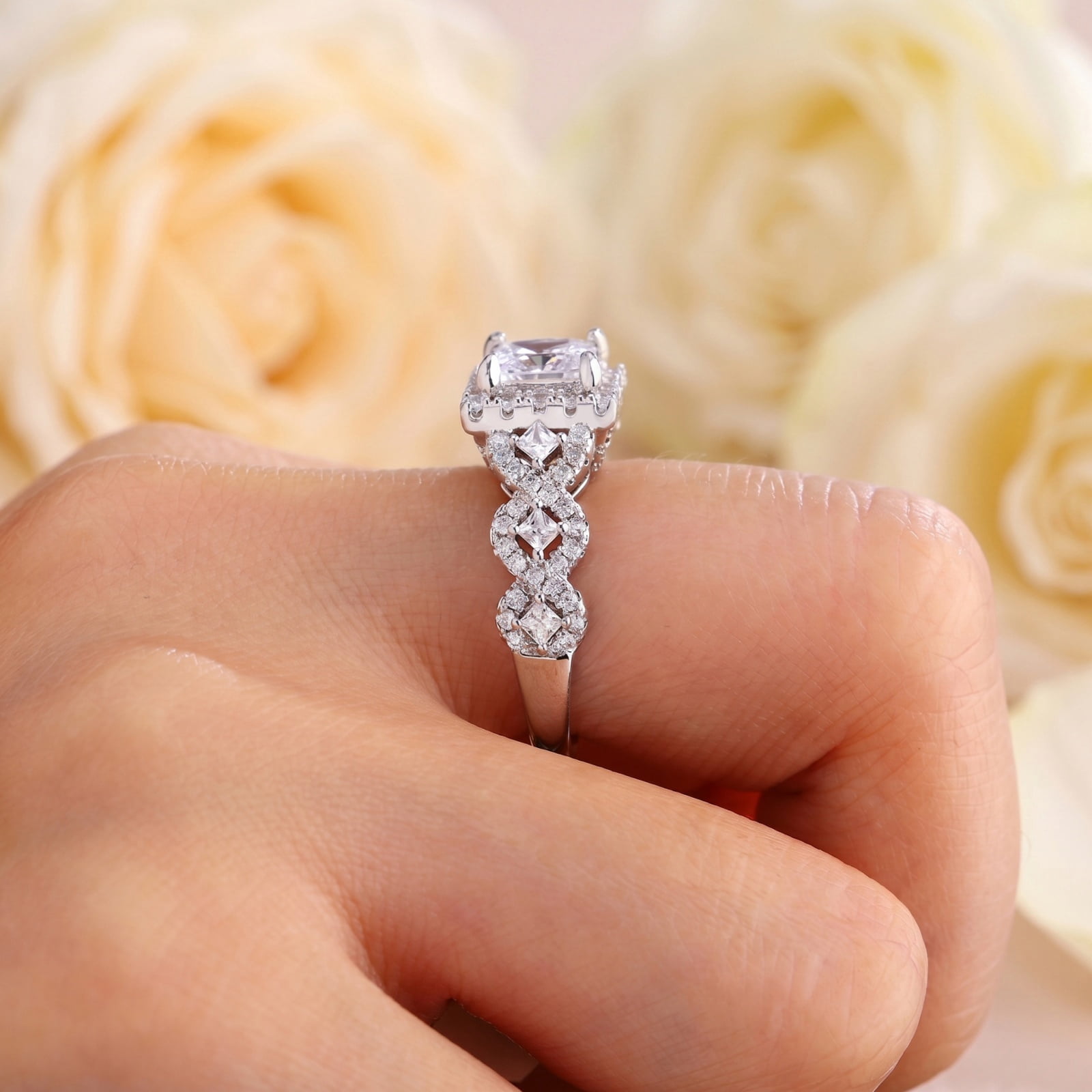 Flydeer Engagement Rings for Woman Princess Cut 5A CZ Wedding Promise Ring Silver 18K Plated Size 10