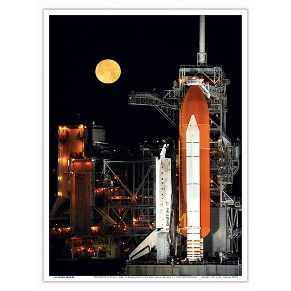 US Discover Space Shuttle Prelaunch with Full Moon March 11, 2009 - NASA Color Photo - Master Art Print (Unframed) 9in x 12in