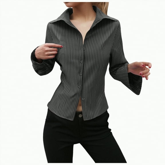 Towmus Women's Striped Button Down Shirts Flare Sleeve Slim Fit Blouses V Neck Collared Y2k Crop Tops Streetwear