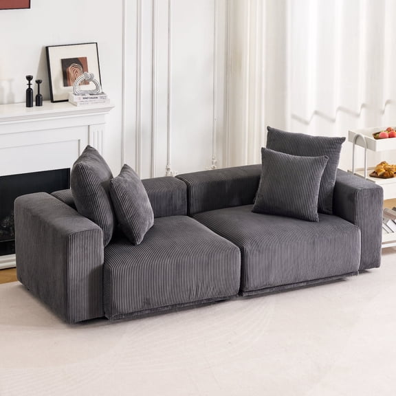 95.28" W Corduroy Sofa With Square Arm , High Sponge Fill Modular 2-Seater Sofa Couch With Pillows