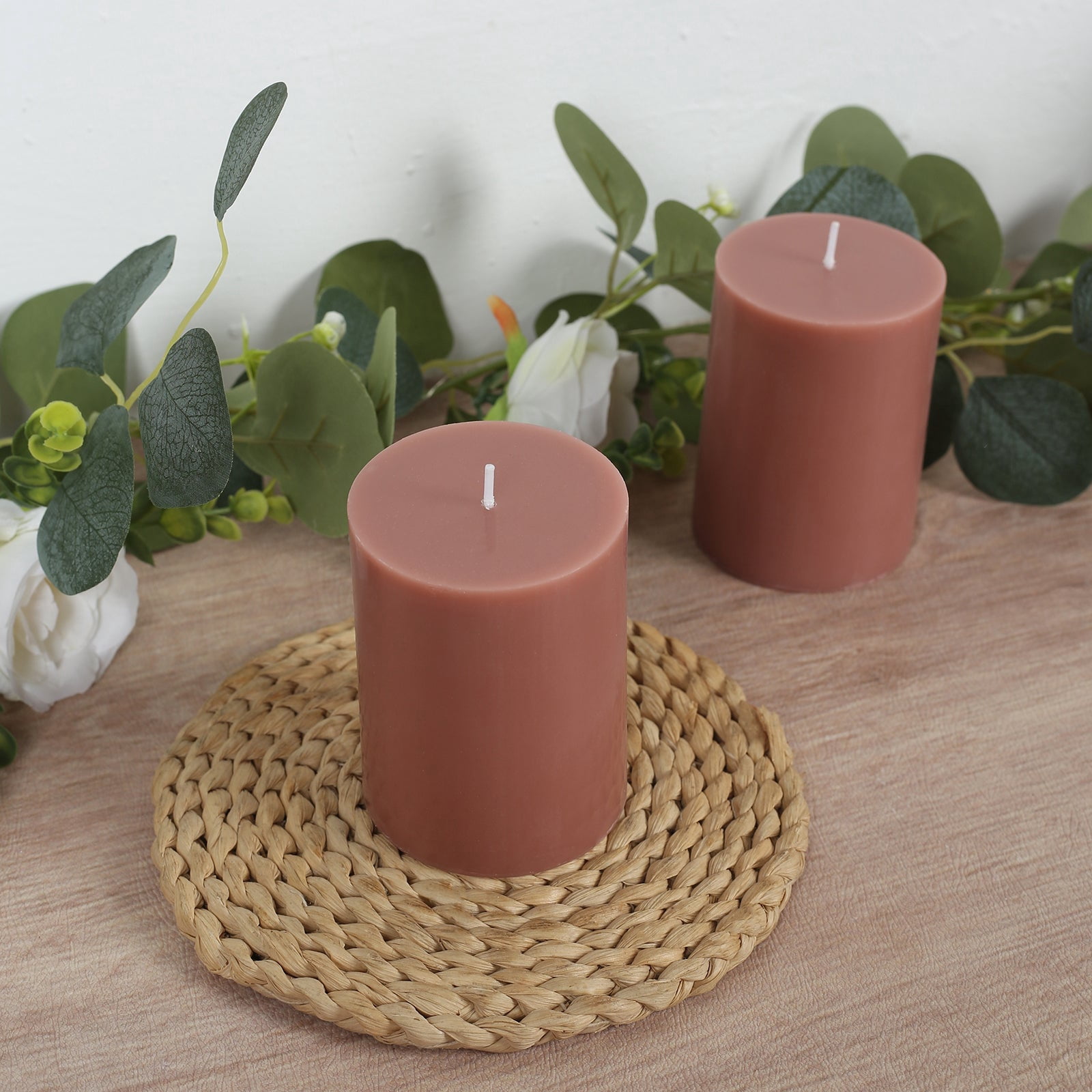 Efavormart 12-Pack Unscented Pillar Candles – Dripless 3"x4" Beige Paraffin Wax with Smokeless Cotton Wicks, Clean & Long-Lasting Burn for Weddings, Home & Event Decor