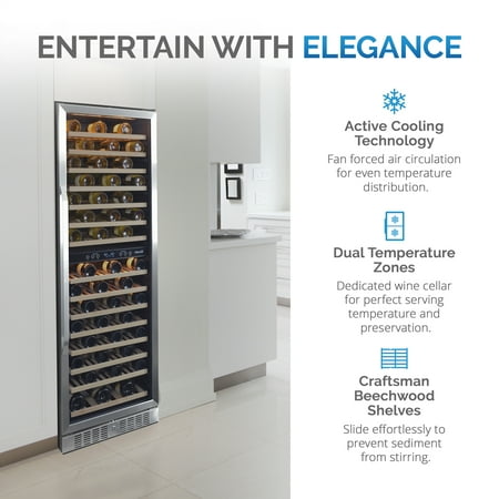 NewAir - 160-Bottle Dual Zone Built-in Wine Fridge with Beech Wood Shelves and Quiet Operation - Stainless Steel