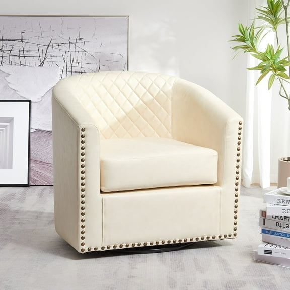 29" Wide Tufted Faux Leather Swivel Barrel Chair, PU Leather Modern Upholstered Accent Chairs with Nailhead Trim, Small Armchair for Living Room Bedroom, Cream