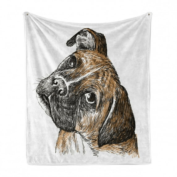 Boxer Dog Soft Flannel Fleece Throw Blanket, Sketchy Hand-drawn Image of a Puppy Furry Domestic Pet Animal, Cozy Plush for Indoor and Outdoor Use, 60" x 80", Pale Brown Seal Brown, by Ambesonne