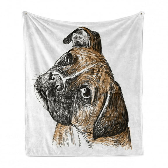 Boxer Dog Soft Flannel Fleece Throw Blanket, Sketchy Hand-drawn Image of a Puppy Furry Domestic Pet Animal, Cozy Plush for Indoor and Outdoor Use, 60" x 80", Pale Brown Seal Brown, by Ambesonne