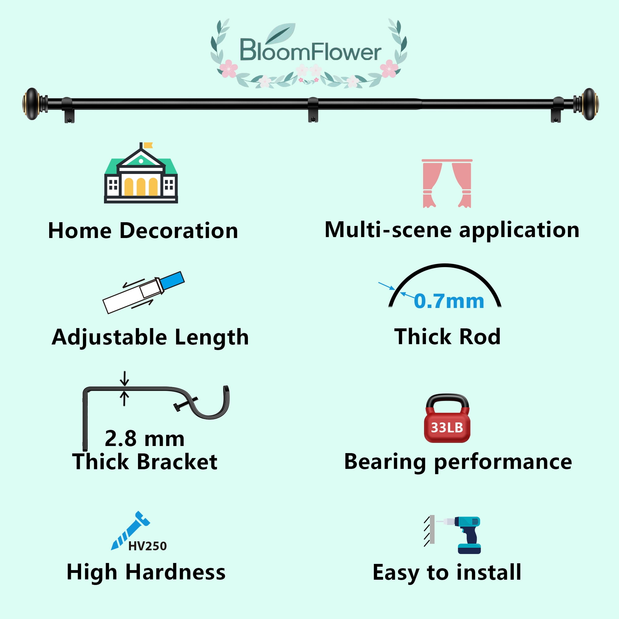BloomFlower Curtain Rods 18-128 inch, for Window 120 Inch, Adjustable Length Heavy Duty Diameter 7/8 inch, Modern Finials, Black
