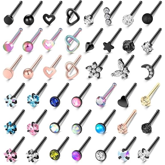 44 Pcs Hypoallergenic Nose Studs Jewelry Set | Surgical Steel Moon Star Heart Designs | Body Piercing Jewelry for Women Gifts