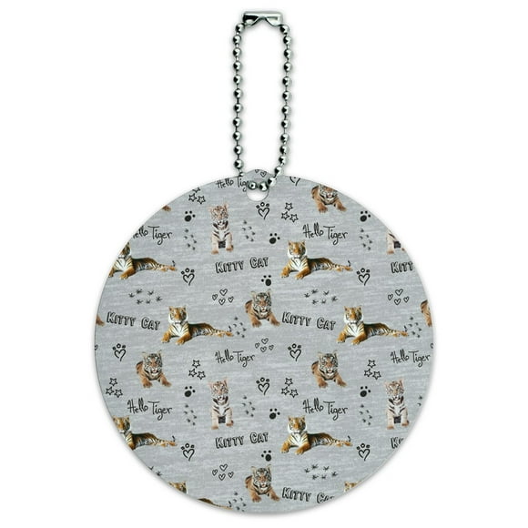 Hello Tiger Kitty Cat Paw Print Hearts Pattern Round Luggage ID Tag Card Suitcase Carry-On