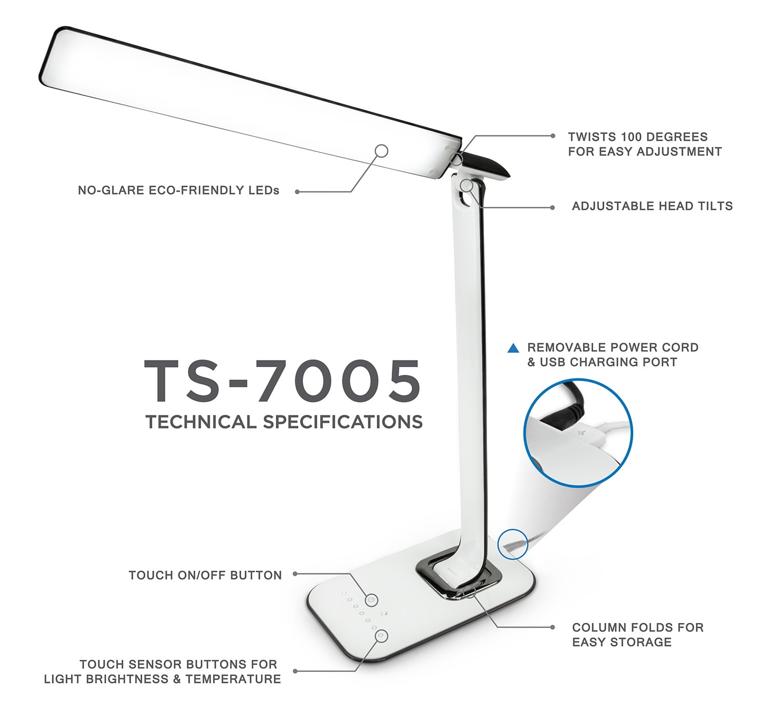 Turcom Dimmable Eye-caring LED Desk Lamp for Chargers with adjustable light intensity and Color
