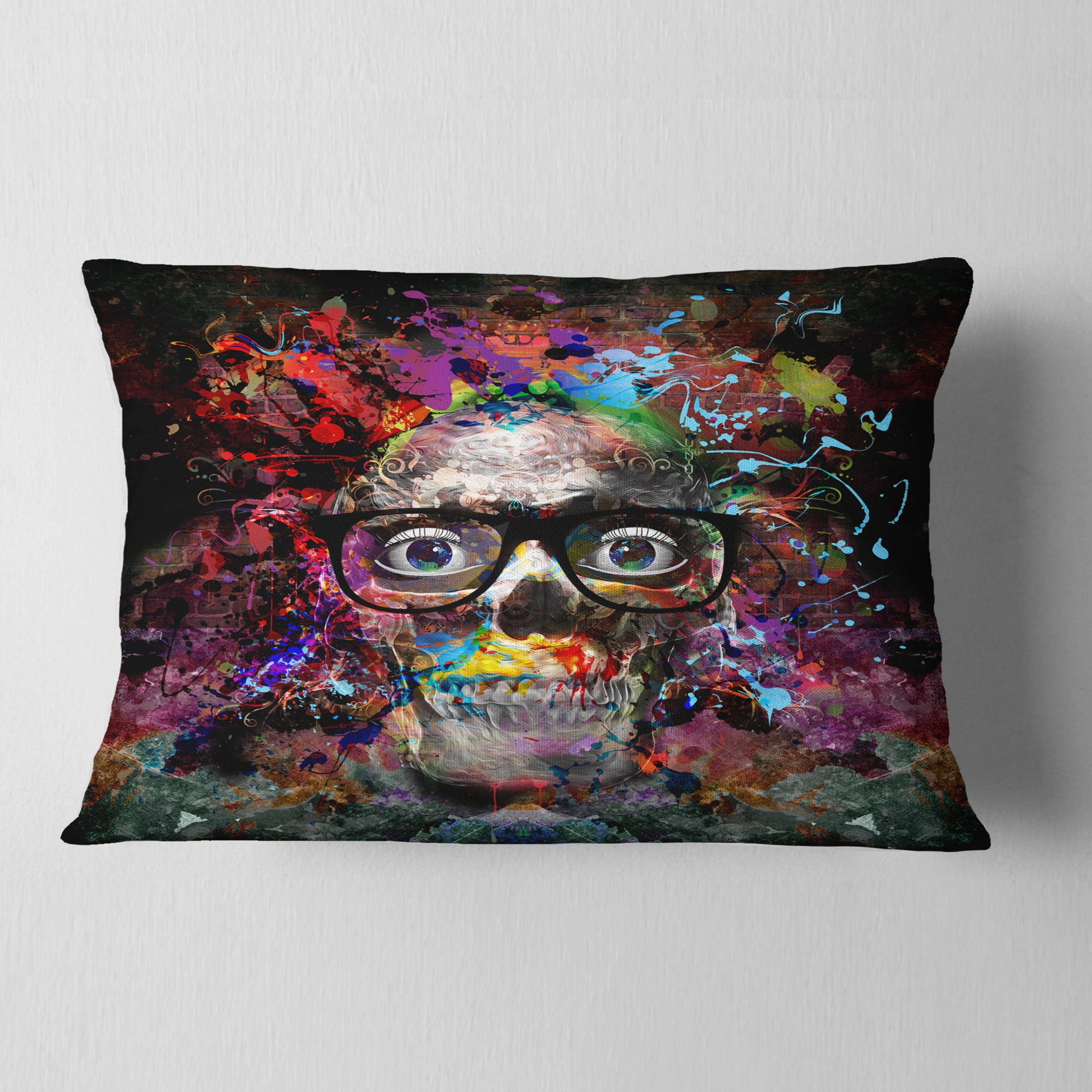 Designart Colorful Human Skull with Glasses - Abstract Throw Pillow - 12x20