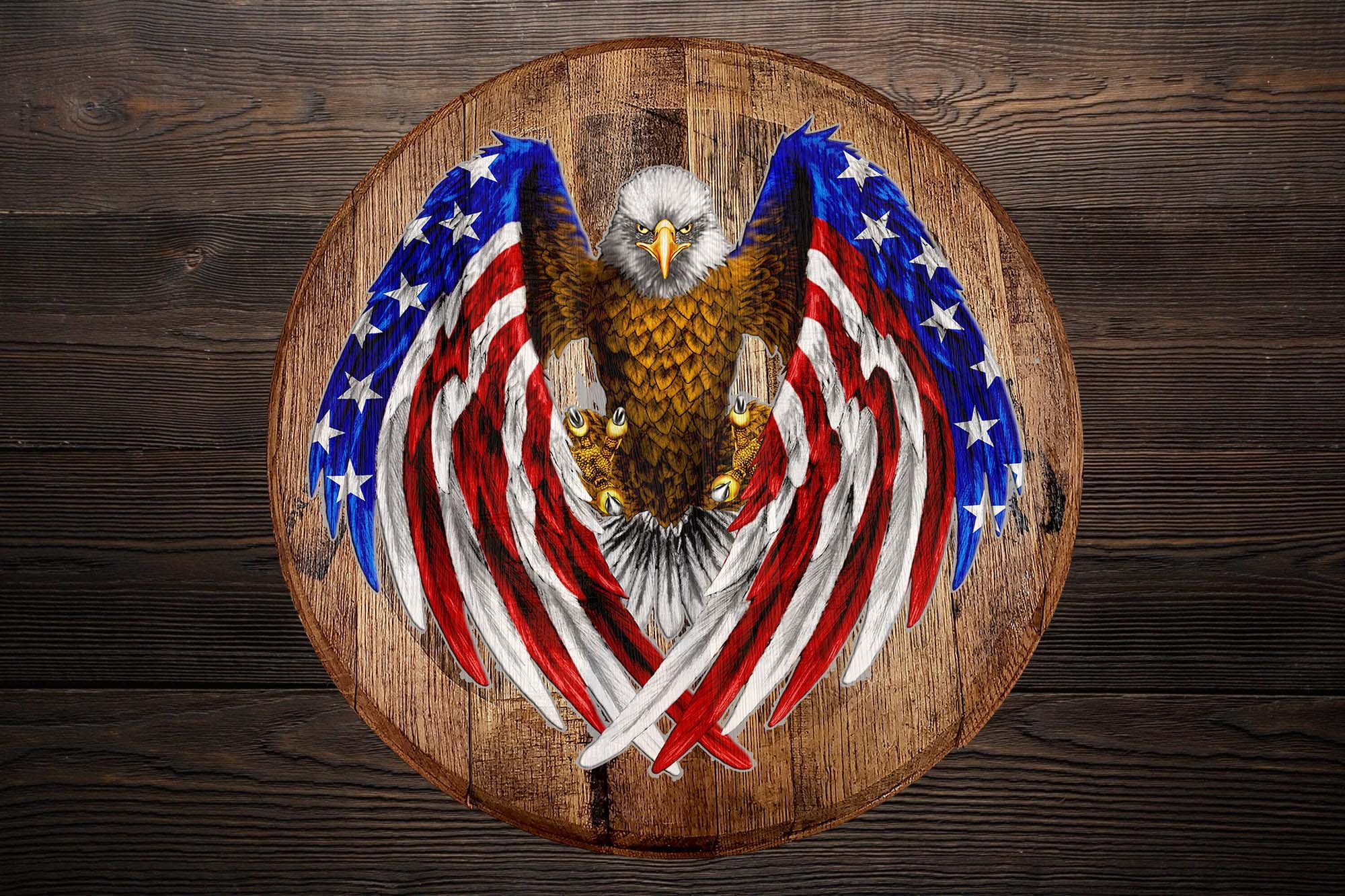 Whiskey Barrel Head Soaring American Eagle in the Tree Tops Nature Art Bar Sign