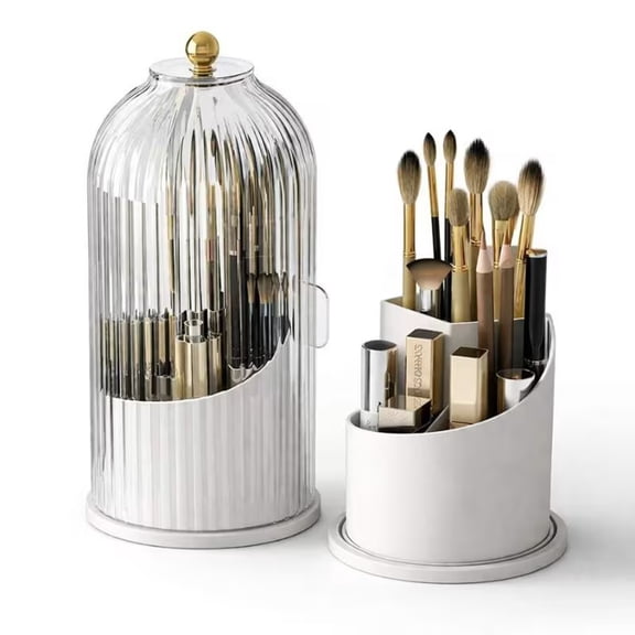 QAEECMA Makeup Brush Holder with Lid 360 Rotating Clear Dustproof Make Up Organizers for Vanity Bathroom Countertop, Transparent | with Lid