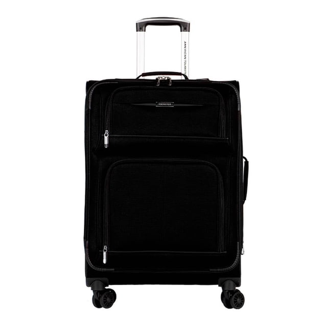 Maleta Suave American Tourister Meridian 3.0 25 pulgadas negro con tela poliéster, cuatro ruedas multidireccionales, jaladera telescópica oculta, bolsillos frontales y forro interior con cintas elásticas para organizar pertenencias, adecuada también para transportar equipo electrónico pequeño durante viajes.
