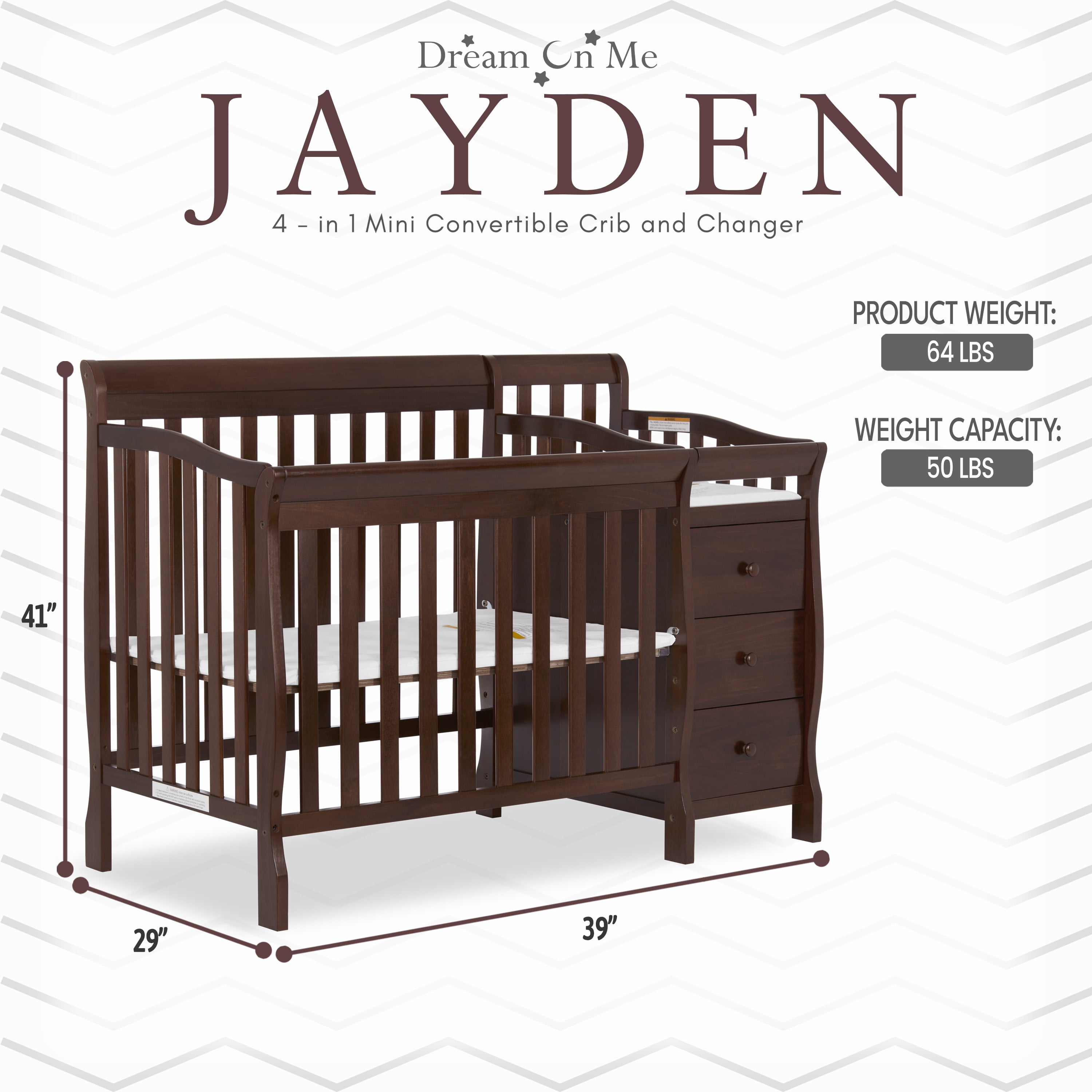 Dream On Me Jayden 4-in-1 Convertible Crib with Changer Espresso
