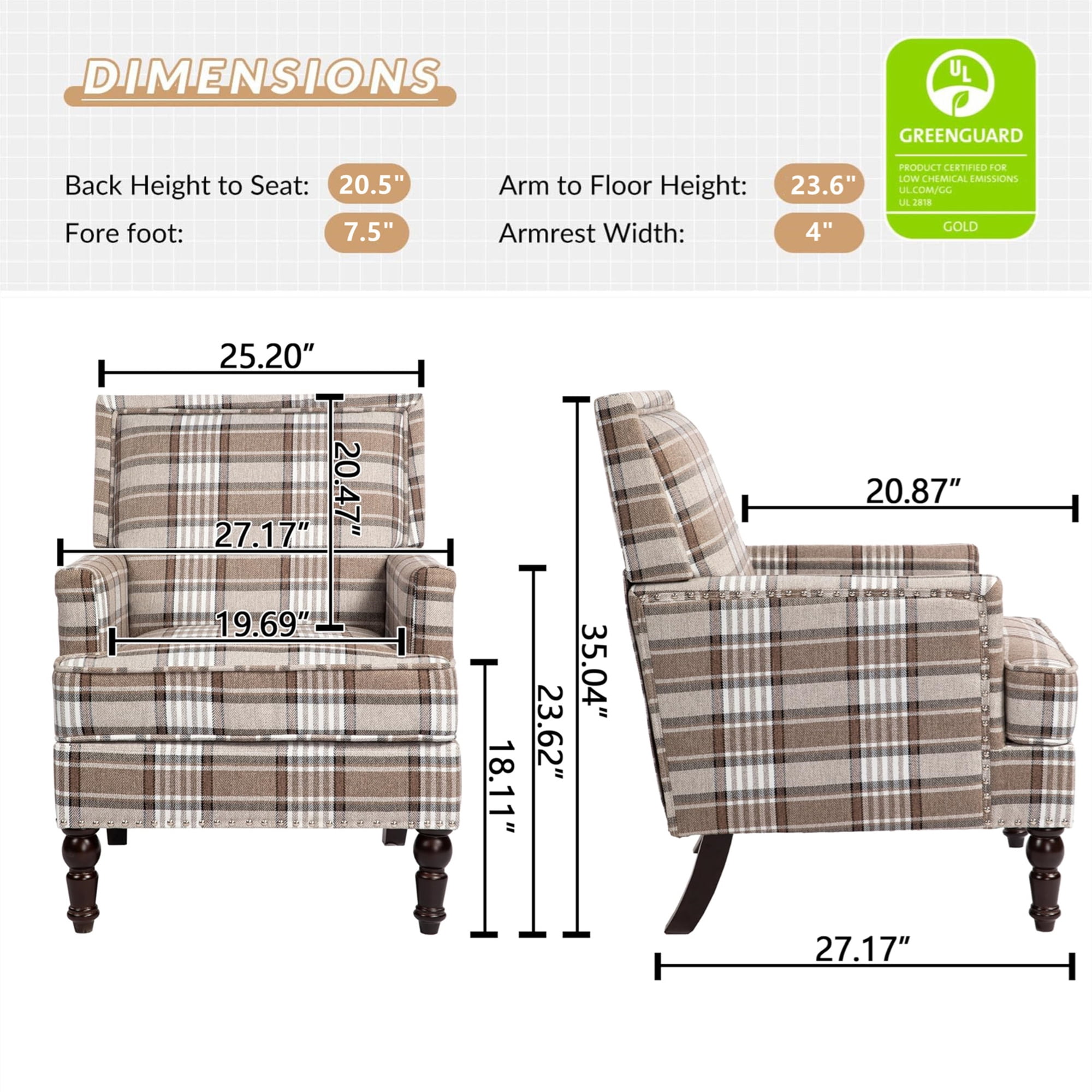 Aukfa Accent Chair Mid-Century Modern High Back Armchair Lounge for Living Room, Rivet Trim, Coffee