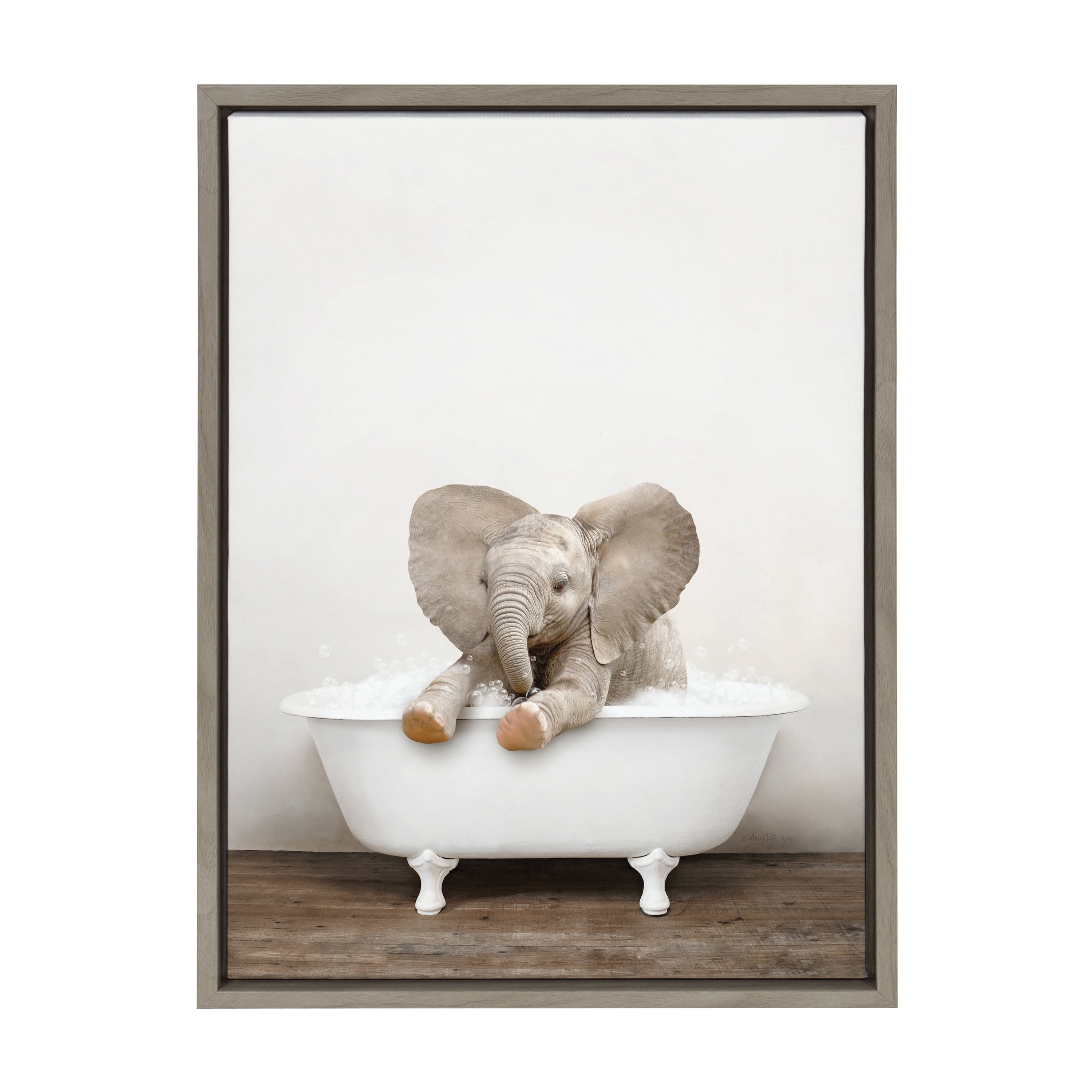 Kate and Laurel Sylvie Baby Elephant No 6 in Rustic Bath Framed Canvas Wall Art by Amy Peterson Art Studio, 18x24 Gray, Modern Fun Decorative Bathtub Wall Art for Home Décor
