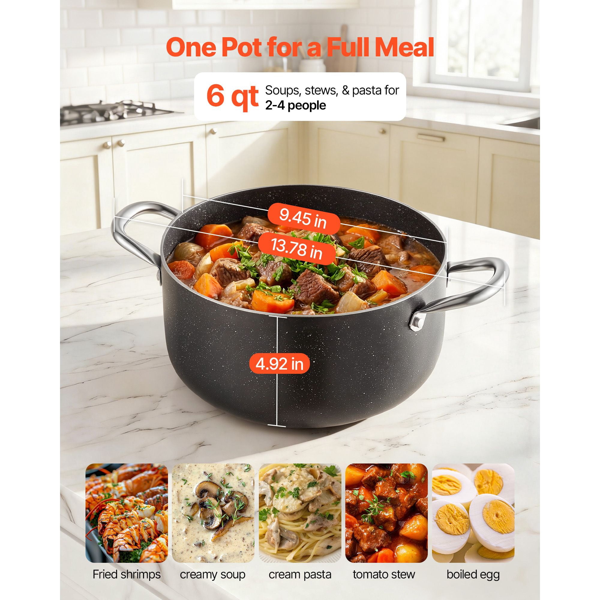 Nonstick Stock Pot 6 Quart Ceramic Coated Aluminum with Glass Lid for Soups Stews Pasta