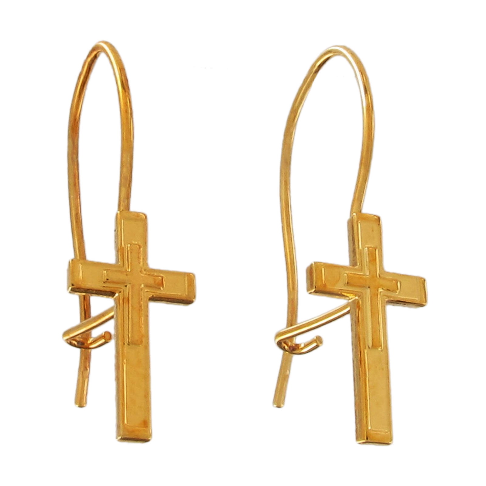 Gold Tone Small Religious Cross Pierced Earrings Christian Beveled 1/2