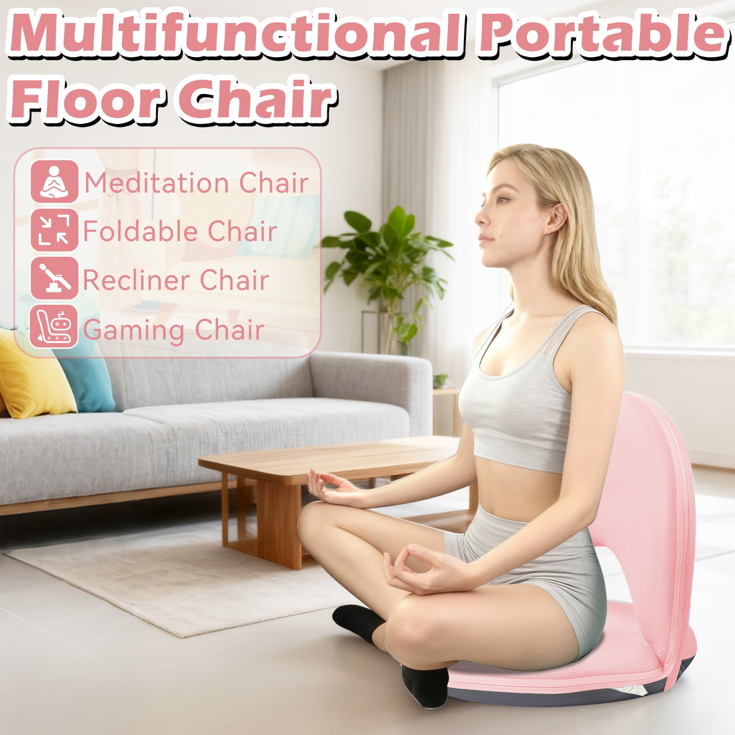 Floor Chair with Back Support, Foldable Adjustable Floor Seat, 5-Position Padded Recliner Floor Chair for Gaming, Reading and Meditation (Pink)