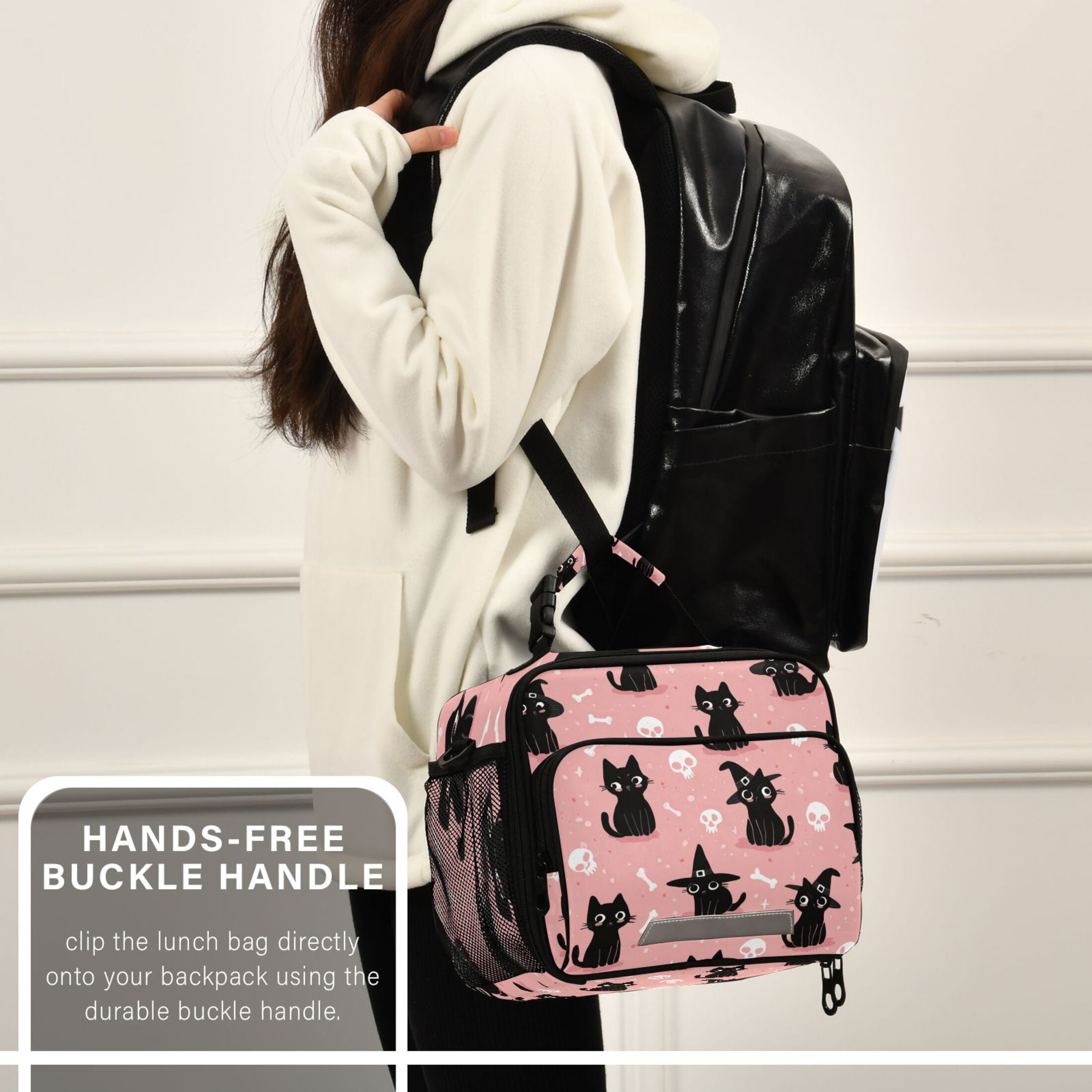 Insulated Lunch Bag 6L Leak-Proof Lunch Box with Shoulder Strap Multiple Pockets Lunch Tote Black Cat Wearing A Witch Hat