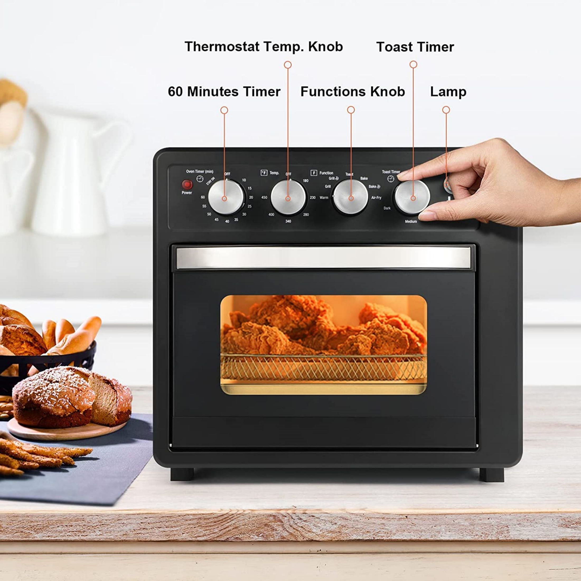 OSQI Simple Deluxe Toaster Oven with 20Litres Capacity Compact Size Countertop  Toaster Easy to Control with Timer Bake Broil Toast Setting 1200W Stainless  Steel 16x11in Black Extra Large