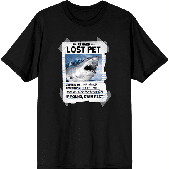 Lost Pet Note Shark Adult Black Crew Neck Short Sleeve Tee-XS