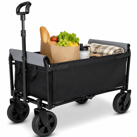 3-in-1 Collapsible Wagon with Wheels, 220 lbs Lightweight Folding Utility Cart with Cup Holders, Pet Wagon, Trunk Organizer for Groceries, Camping, Shopping, Black