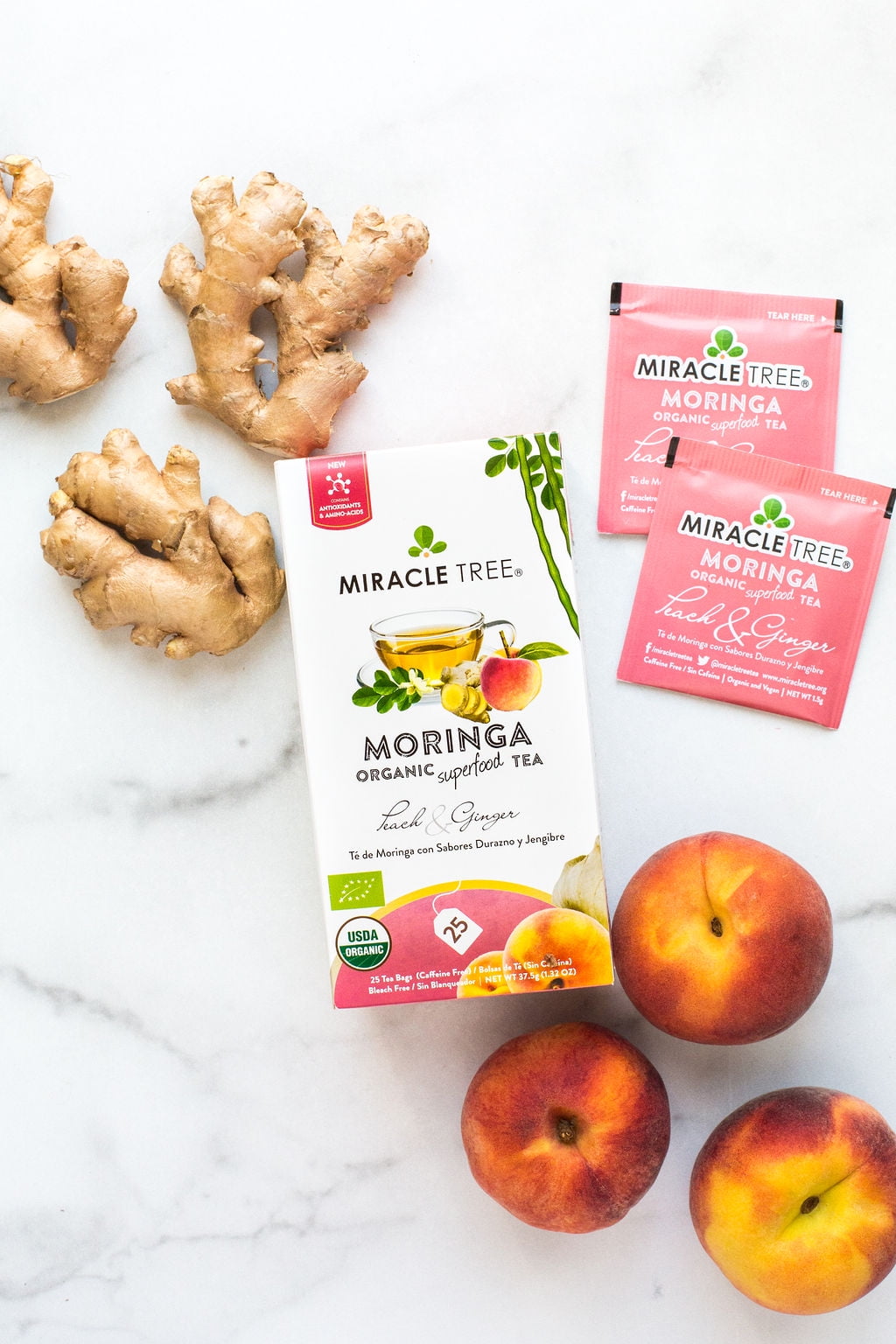 Miracle Tree Organic Superfood Herbal Moringa Tea, Peach & Ginger, 25 Enveloped Tea Bags, 6 Count