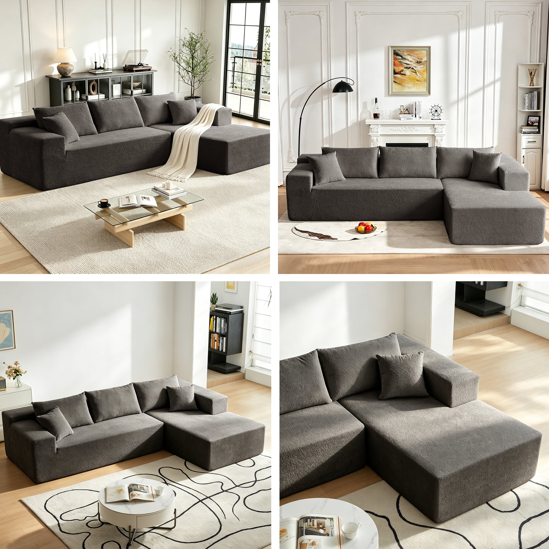 Xiweot 103" Boneless Sectional Sofa for Living Room, Memory Foam Cloud Modular Sectional Couch with Deep Seat, No Assembly Velvet L Shaped Sofa with Right Facing Chaise, Dark Gary