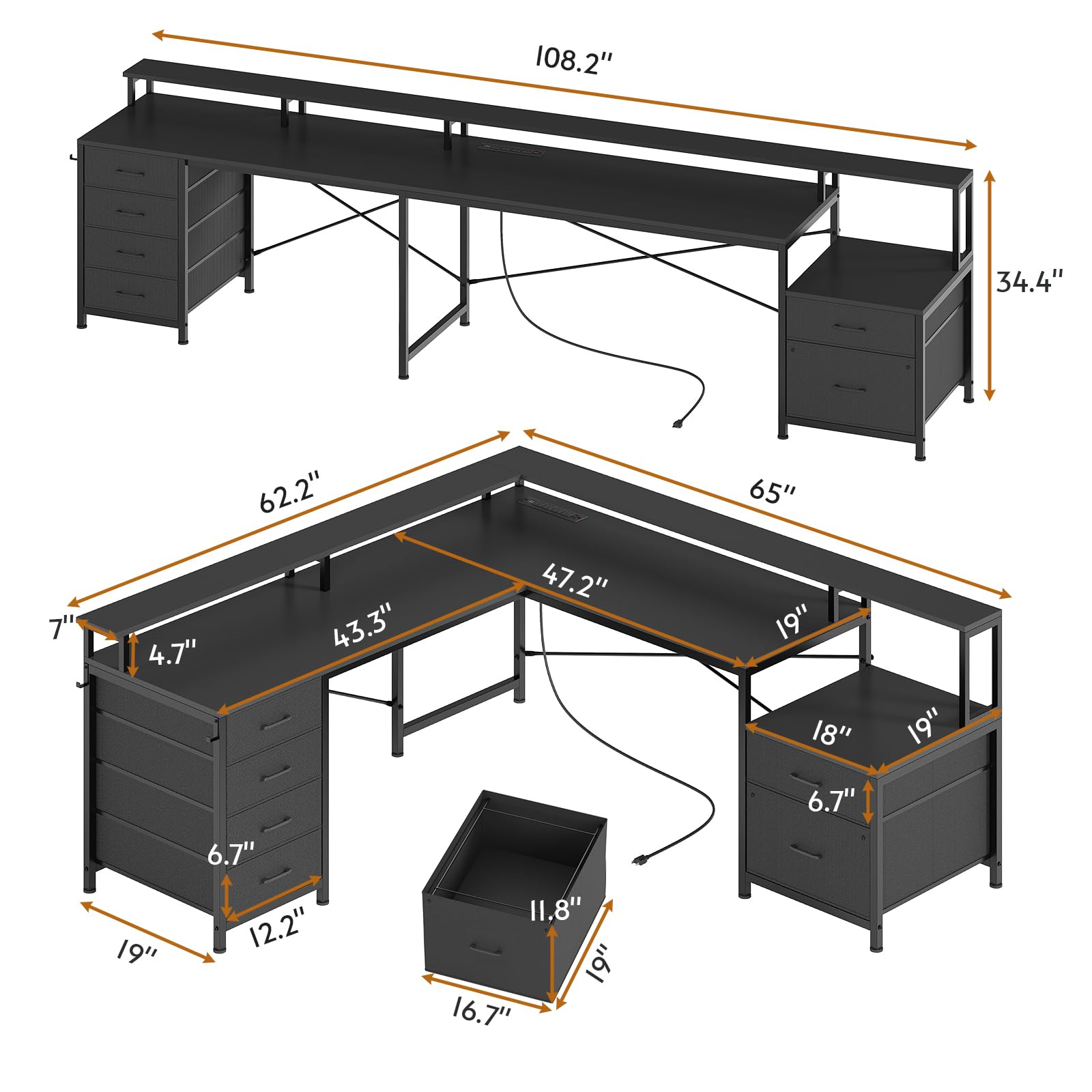 L Shaped Desk with File Drawer & Power Outlet, 108" Home Office Desk with 6 Drawer, Corner Computer Desk with Monitor Shelf, File Cabinet, Two Person Desk, Gaming Desk with Led Lights, Black