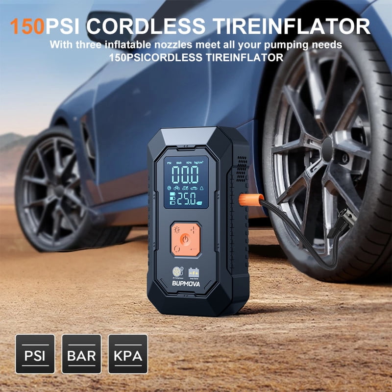 BUPMOVA Car Jump Starter & Air Compressor(150PSI), 5000A Peak Portable Jump Starter Battery Pack for All Gas/10L Diesel Engine, 12V Starter Jump Box, LCD Display, Power Bank, 3-Mode LED Light