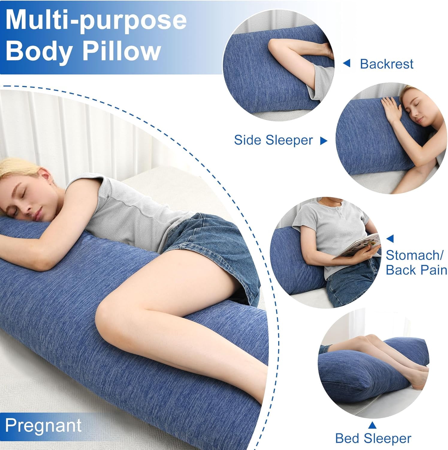 XWZO Long Bed Pillow 1 Piece, Soft & Fluffy Cooling Body Pillow for Side Sleepers, Breathable Shredded Memory Foam Pillow for Summer, 20 x 60 Inches, Blue