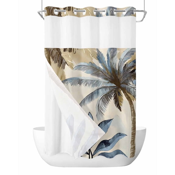 No Hook Shower Curtain with Snap-in Liner, Palm Trees Waterproof Fabric Bathroom Curtains, Blue Brown Vintage Watercolor Tropical Bath Curtains & Mesh Top Window Stand Up Stall Stand Up Stall 36"x72"