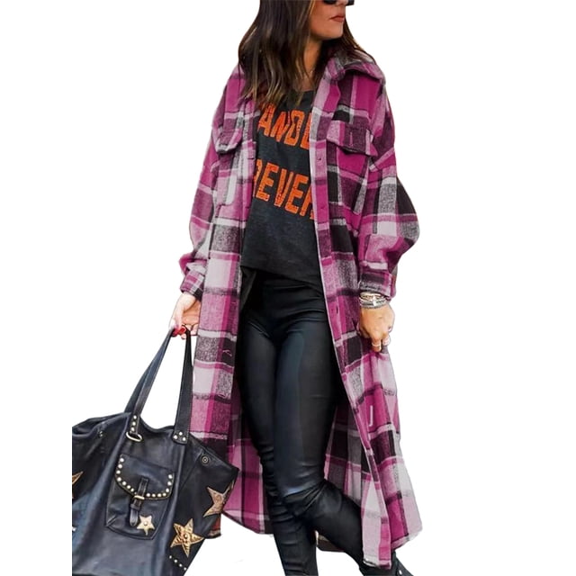 Womens Casual Plaid Button Down Jackets Puff Sleeve Long Trench Coats Shackets