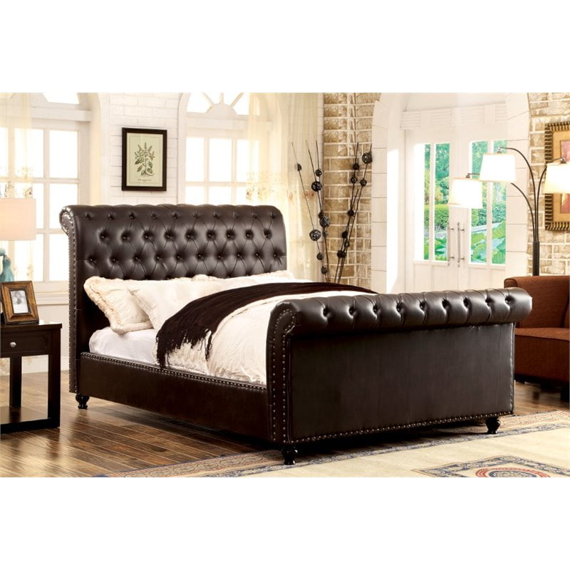 Furniture Of America Selina King Upholstered Leather Sleigh Bed Walmart Com Walmart Com