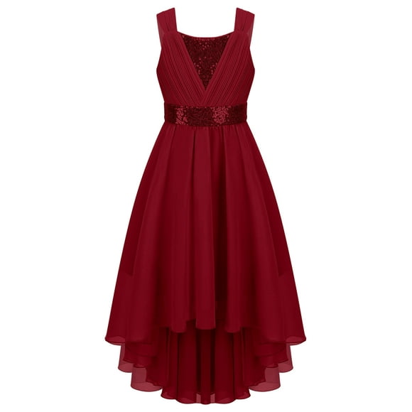Sxiwei Girls High Low Dress Sequined Junior Bridesmaid Dresses for Wedding Pleated Prom Party Dress Dance Gown Burgundy 6