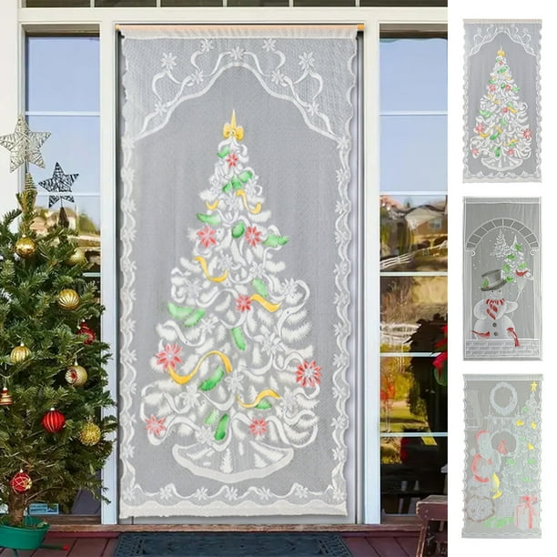 Cortina del árbol de Navidad | Cortinados de poliéster de encaje | Semi sombreado | Aislamiento térmico | Diseño de postes roscados | Decoración navideña con muñeco de nieve | 1 Pieza | 78,74x39,37