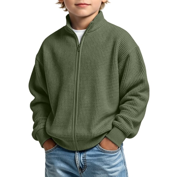 Trikvn Full Zip Waffle Knit Jackets for Boys Long Sleeve Sweatshirts Casual Stand Collar Cardigan Sweaters for Kids Fall Winter Activewear Outerwear Coats with Pockets