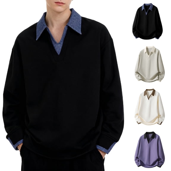 RongHuan Men Fake 2 Piece Sweatshirts Big and Tall Lapel Tshirt Casual Long Sleeve Pullover Oversize Patchwork Shirt