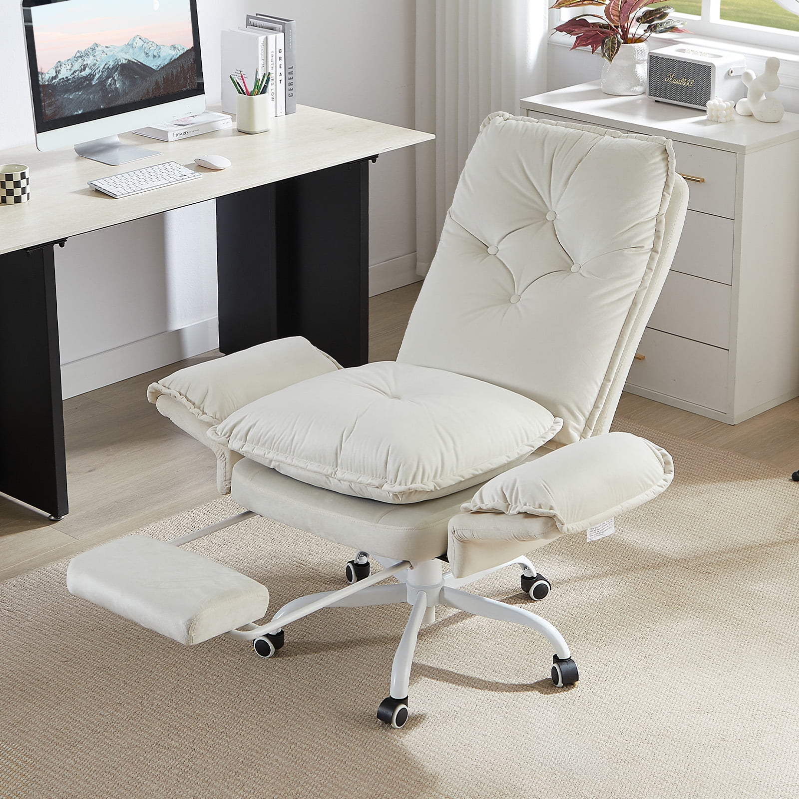 Bestier Big and Tall Executive Office Chair with Flip-up Arms for Adult, Wide Seat Ergonomic Computer Desk Chair,High Back Velvet Comfy Cross-Legged Office Chair with Footrest and Side Pockets, Beige