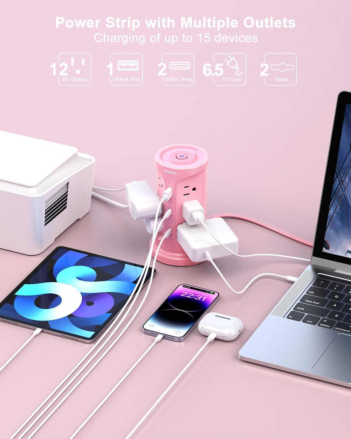 Tower Power Strip Surge Protector with 12 Outlets 3 USB Ports(2 Type C), 6.5 FT Ultra Flat Extension Cord with Multiple Outlets, Flat Plug Outlet Extender with Screw Wall Mount for  Office Dorm